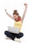 Woman celebrating her victory using a computer.